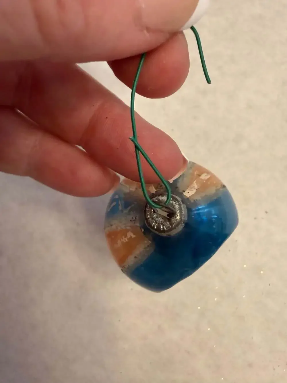 Vtg Blown Glass Indent Reflector Christmas Ornament Blue and Orange Mini Teardr